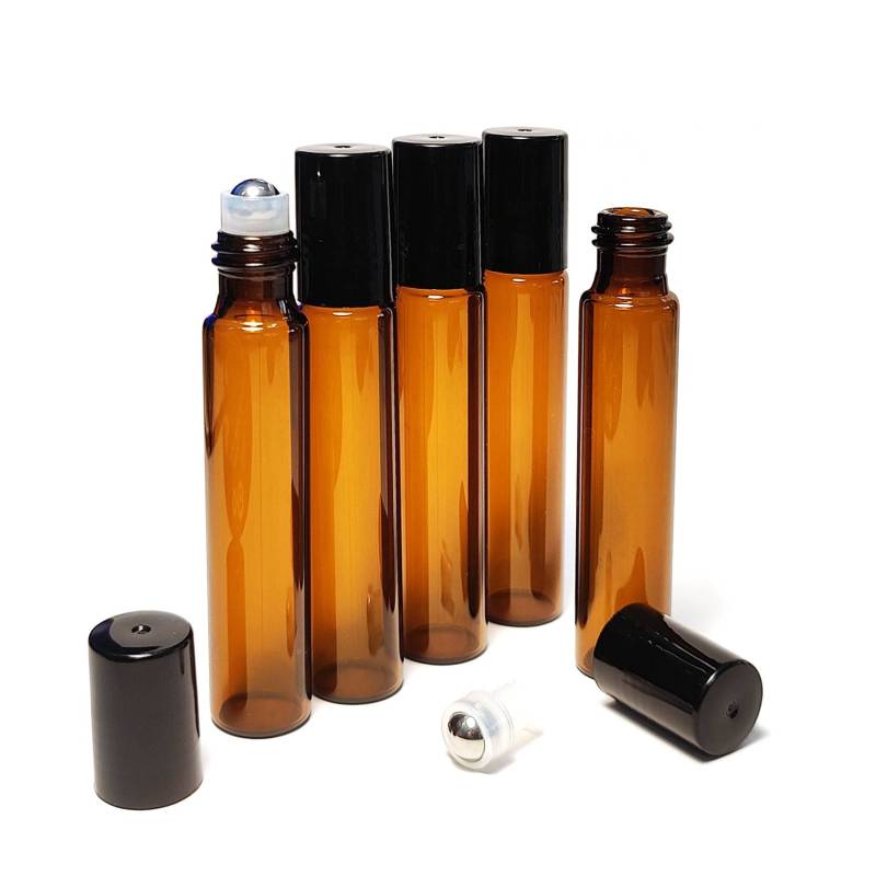Bouteille type flacon roll-on 10 ml en verre ambré (pack de 5 unités)