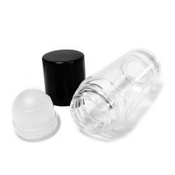 Roll-on tipo desodorante. Garrafa de vidro transparente.