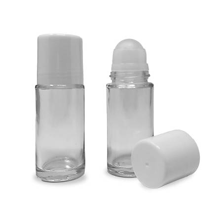 Rolón. Bouteille roll-on en verre transparent avec tête à bille rotative.