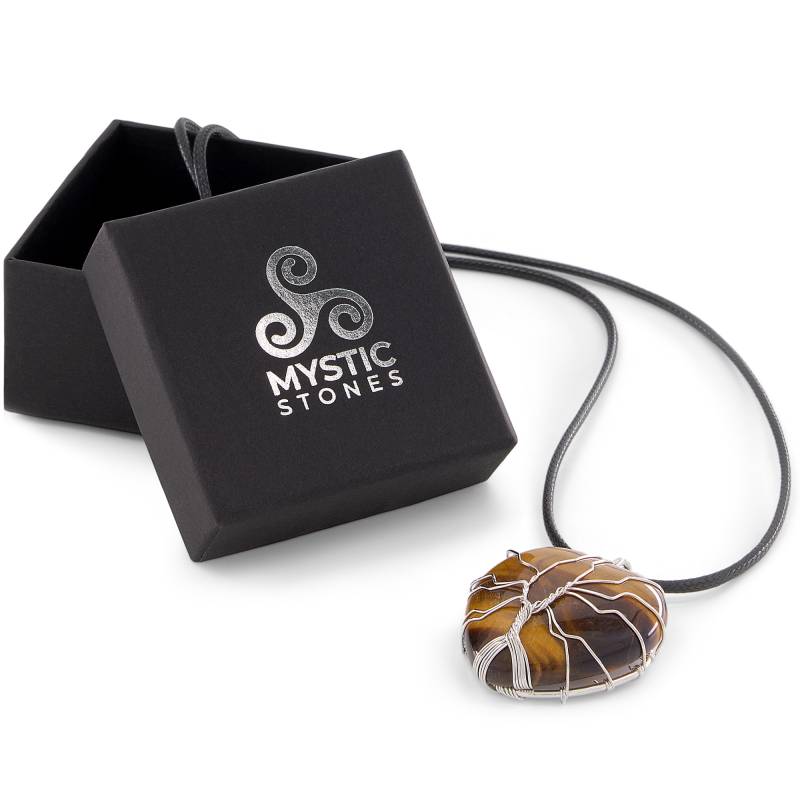 Colar Coração Olho de Tigre, pedra curativa que proporciona coragem, controle emocional e resiliência.