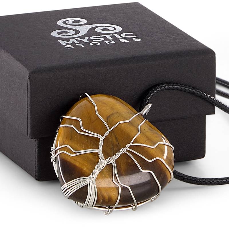 Colar Coração Olho de Tigre, pedra curativa que proporciona coragem, controle emocional e resiliência.