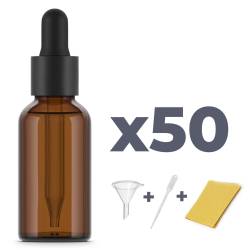 30ml Amber Glass Bottle Pack + Glass Pipette Dropper Cap (50 sets). Funnels, labels and disposable measuring pipettes included.