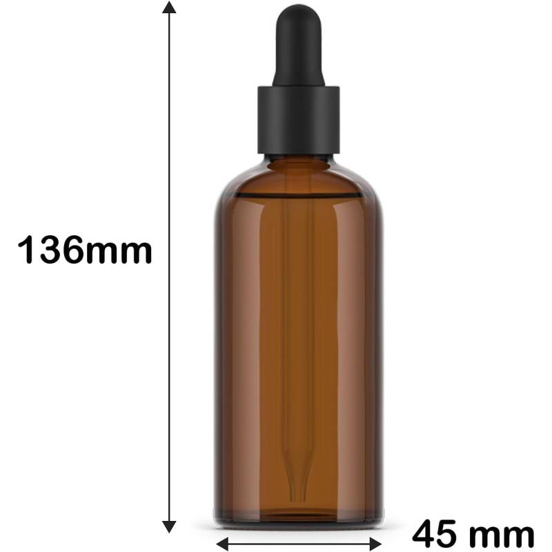 Mesures des bouteilles en verre ambré 100 ml de haute qualité Din18 410 avec pipette en verre.