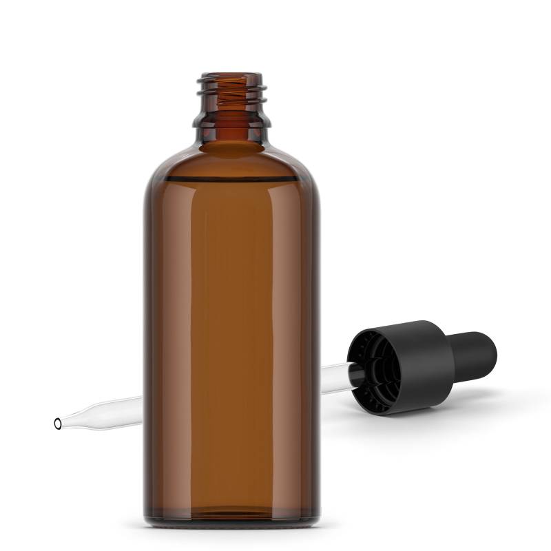 Bouteille en verre 100 ml. Couleur topaze ou ambre. Bouchon pipette en verre.