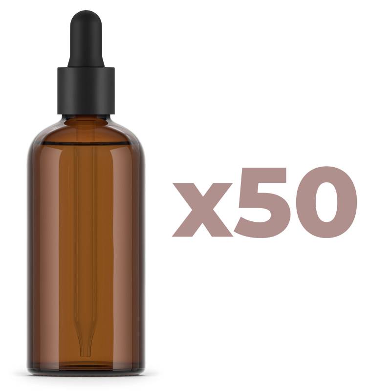 50 sets of 100ml Amber Glass Bottle and Pipette Dropper cap in a box.