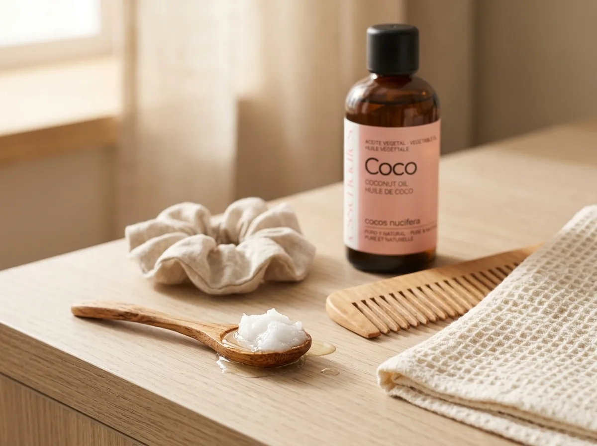 Cómo usar el aceite de coco en el pelo antes del lavado, cucharita con aceite de coco y peine de púas anchas