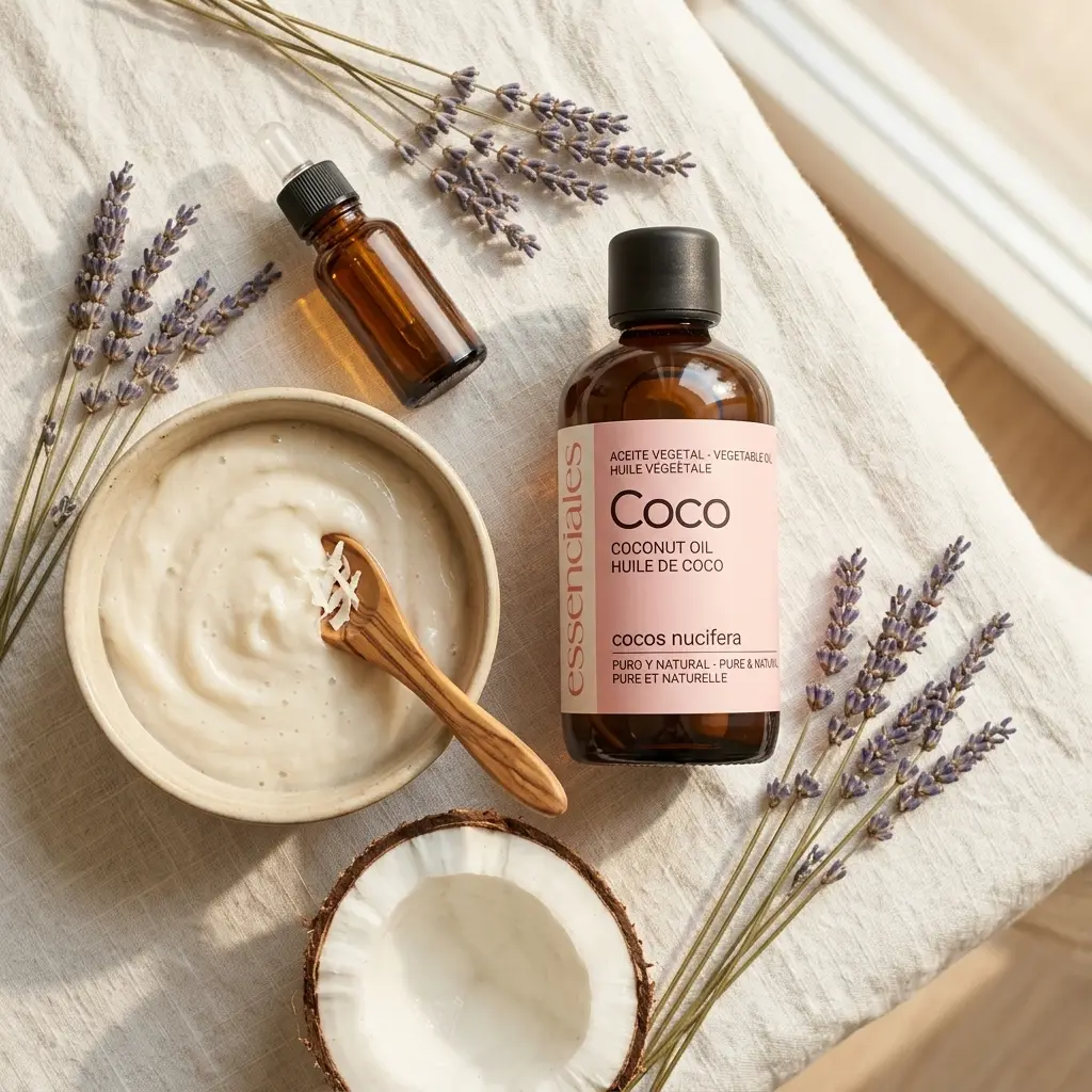 Mascarilla casera de aceite de coco para el pelo con aceite esencial de lavanda
